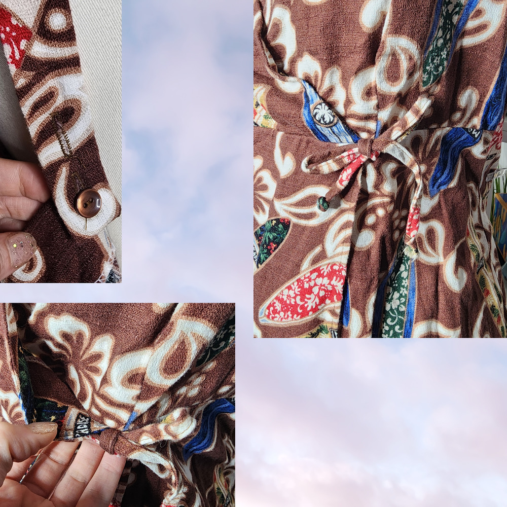 Vtg Hilo Hattie The Hawaiian Original 80's Brown Mini Floral Hibiscus Wrap Dress - Picture 7 of 8